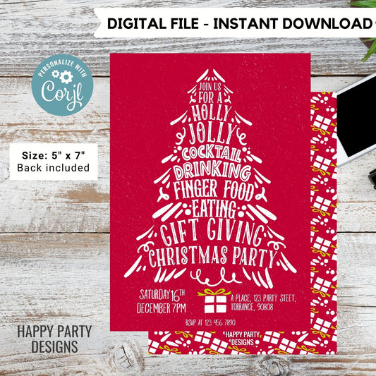 Editable Holly Jolly Christmas Party Invitation | Christmas Party printable invite | Holiday Christmas Party Invitation | Red Christmas #A32
