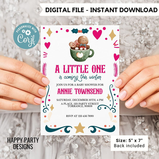 Editable A little one is coming this winter Baby Shower Invitation | Christmas Baby shower printable invite | Baby girl Invitation #B48