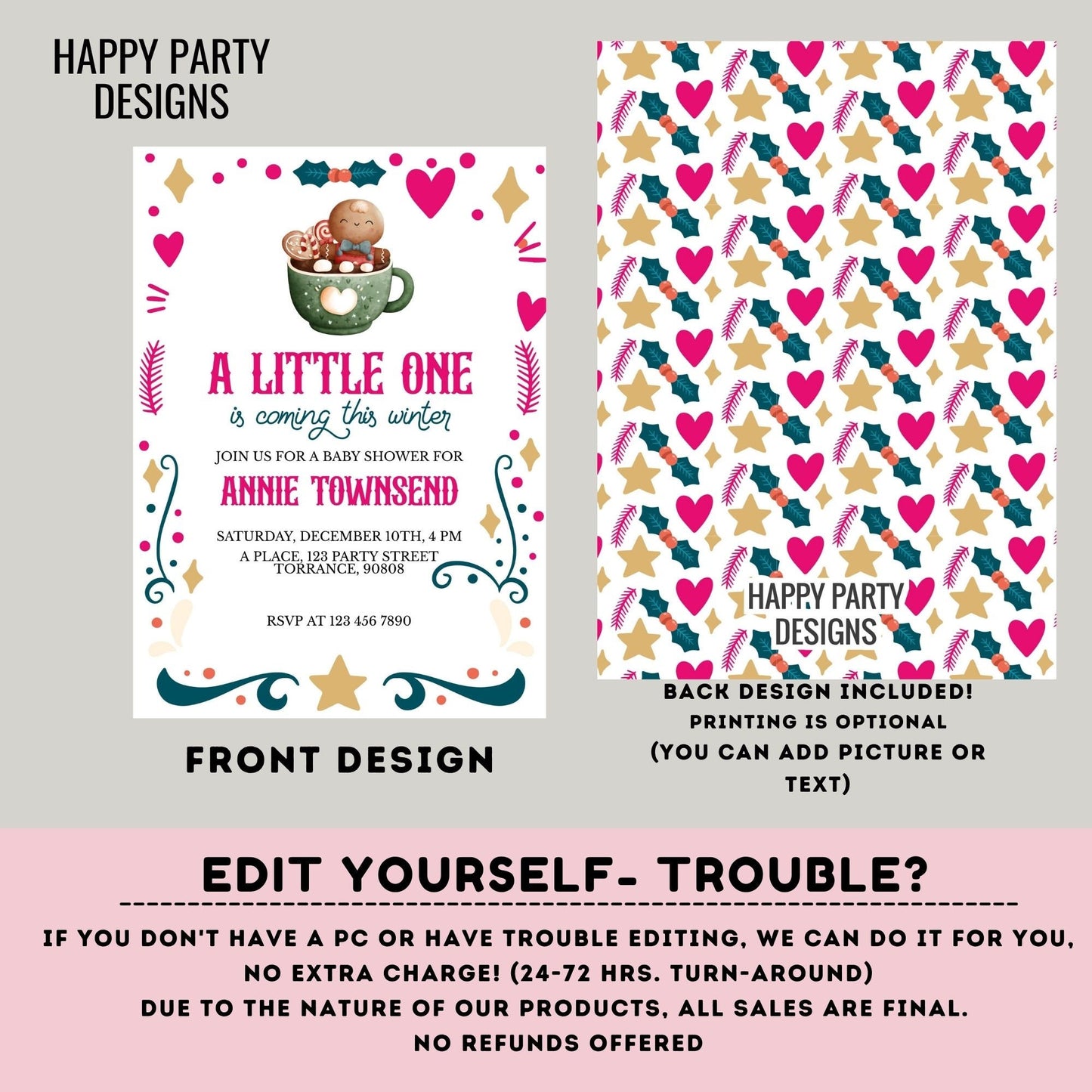 Editable A little one is coming this winter Baby Shower Invitation | Christmas Baby shower printable invite | Baby girl Invitation #B48