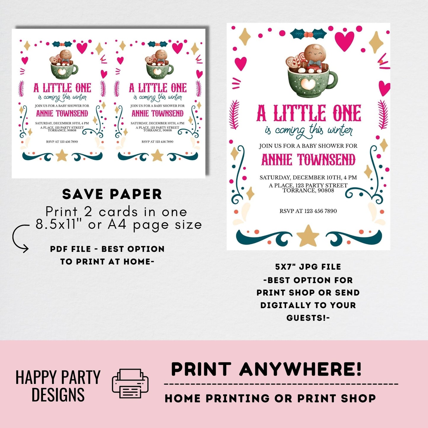 Editable A little one is coming this winter Baby Shower Invitation | Christmas Baby shower printable invite | Baby girl Invitation #B48
