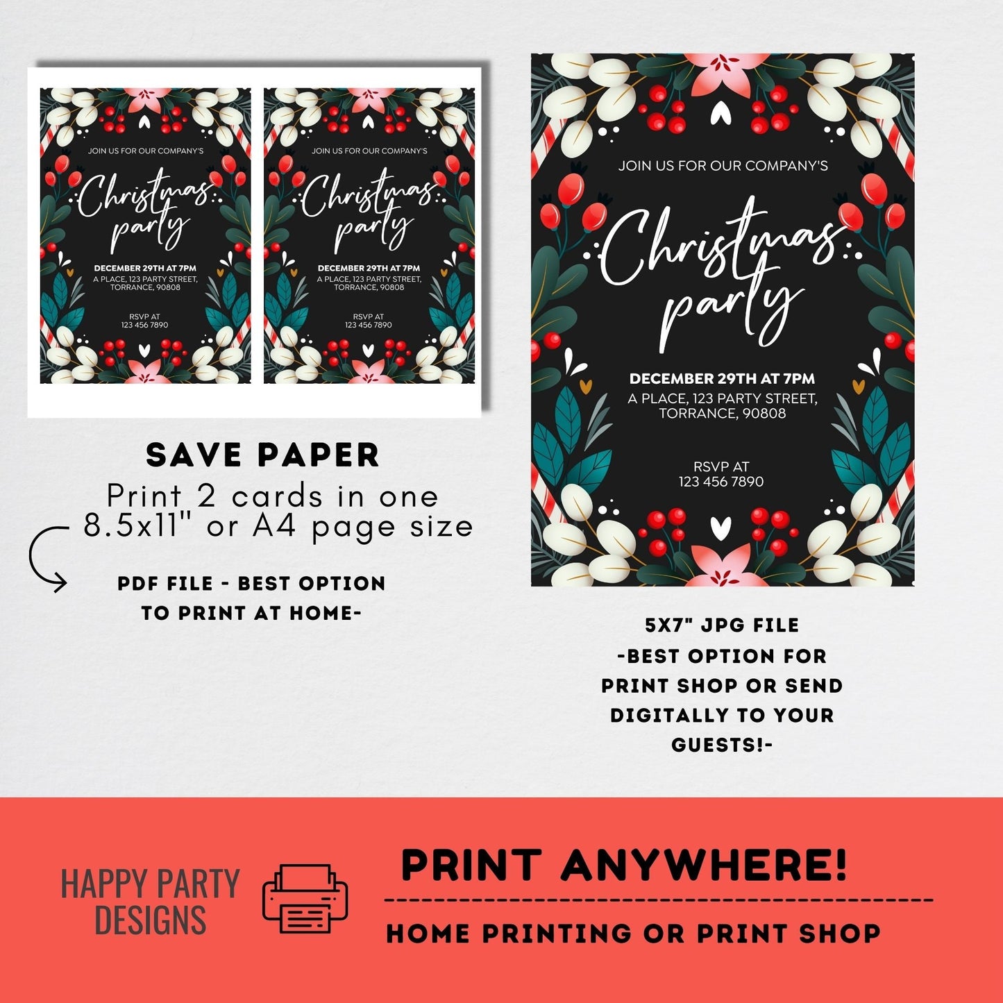 Editable Holiday Party Invitation | Christmas Party printable invite | Holiday Christmas Party Invitation | Christmas Dinner invite #A33