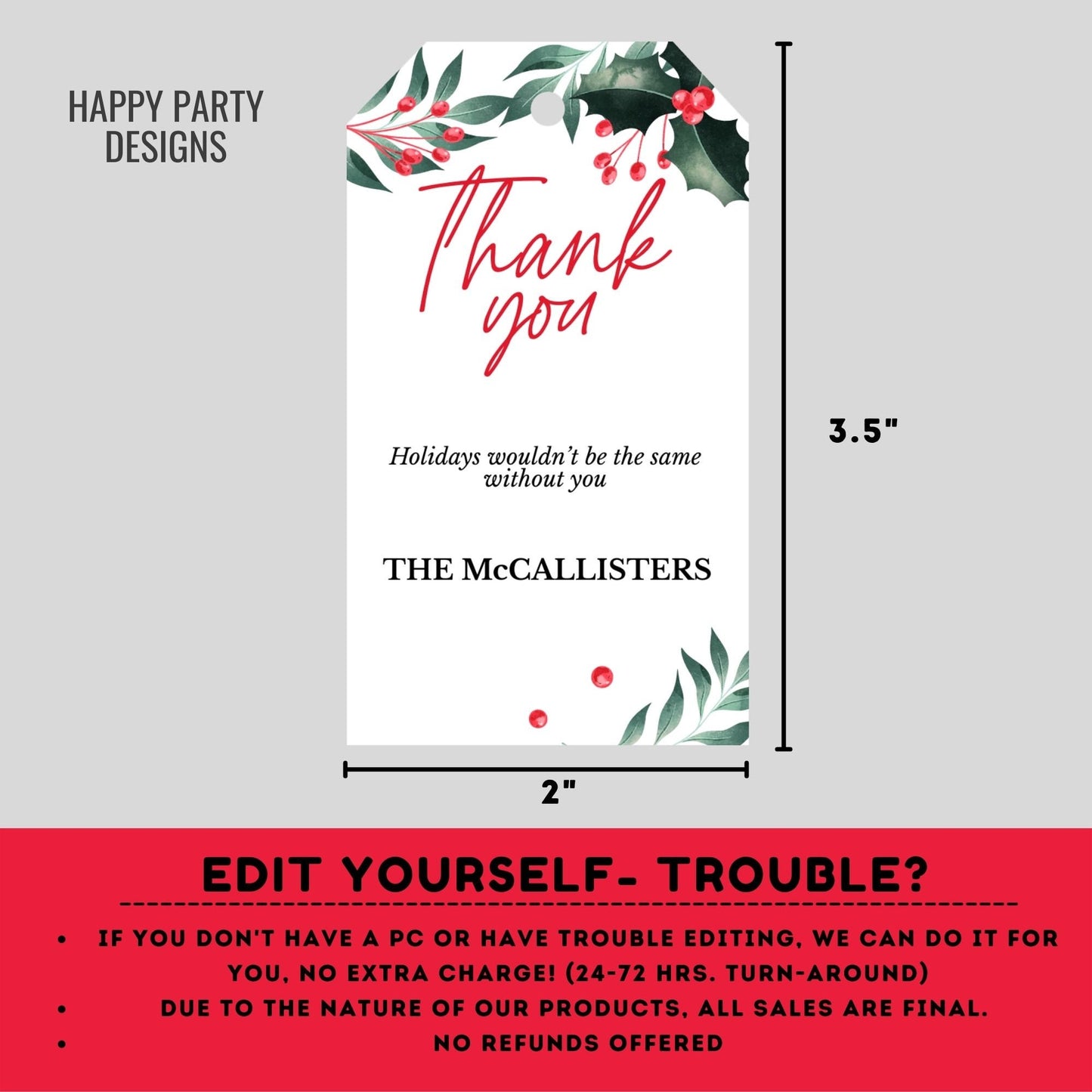 Editable Christmas Party thank you tag | Christmas printable thank you tag | Holiday Christmas gift tag | thank you tag | Xmas Favor #A34