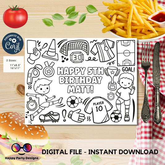 Editable Soccer Birthday coloring Page | Sports Party | Sports coloring page | Editable Soccer coloring placemat Edit Online #C3