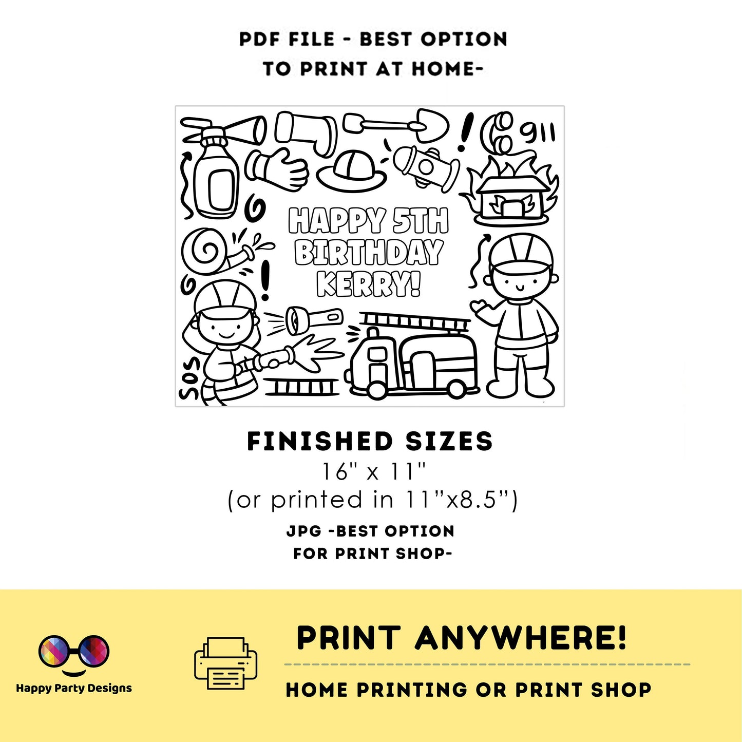 Editable Firetruck coloring page | Placemat coloring page | Any Age | Firetruck birthday | Firetruck Party Activity
