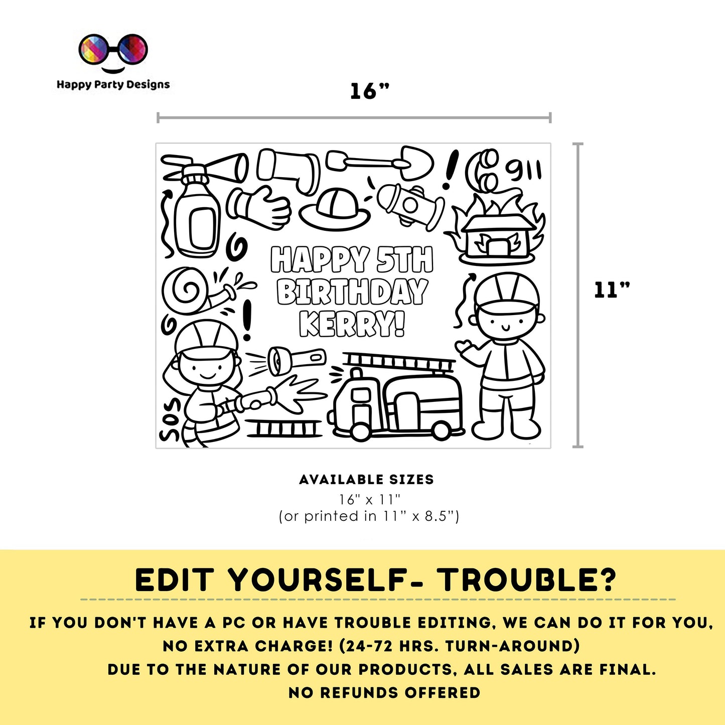 Editable Firetruck coloring page | Placemat coloring page | Any Age | Firetruck birthday | Firetruck Party Activity