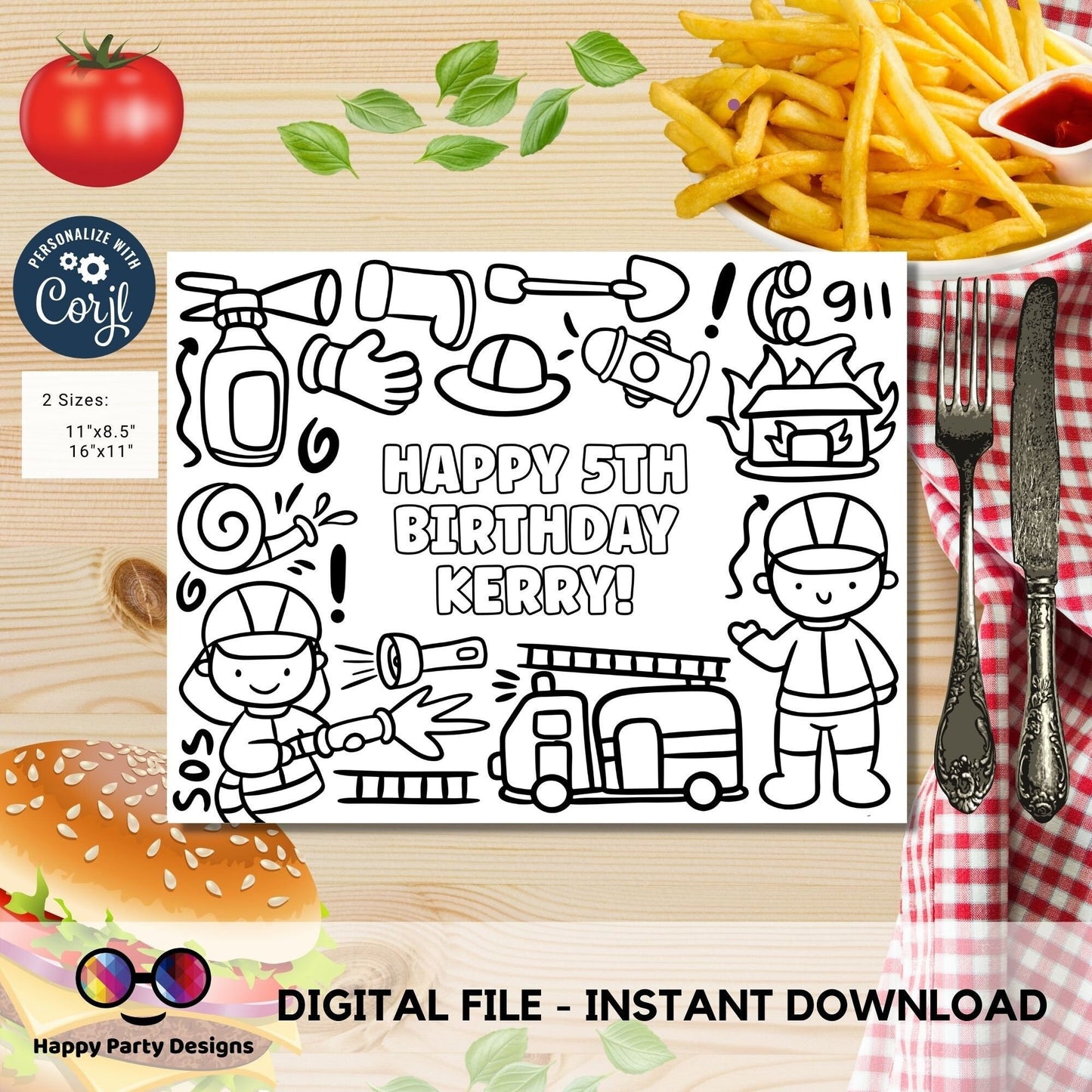 Editable Firetruck coloring page | Placemat coloring page | Any Age | Firetruck birthday | Firetruck Party Activity