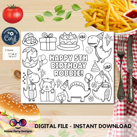 Editable Dino party coloring page | Placemat coloring page | Any Age | Dinosaur birthday | Dinosaur Party Activity | Dino birthday party