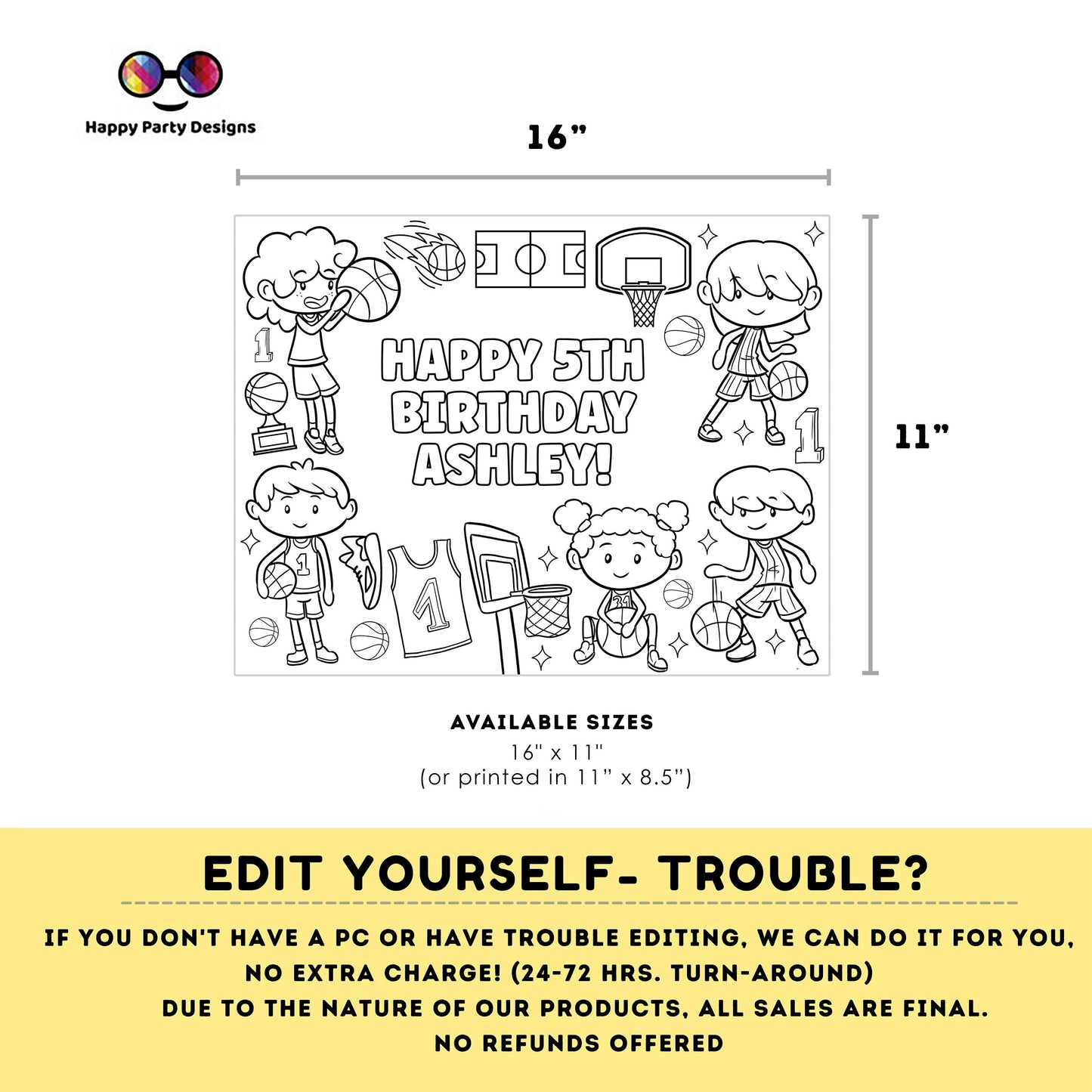 Editable Basketball Birthday coloring Page | BKB Party | Sports coloring page | basketball coloring placemat Edit Online #K251