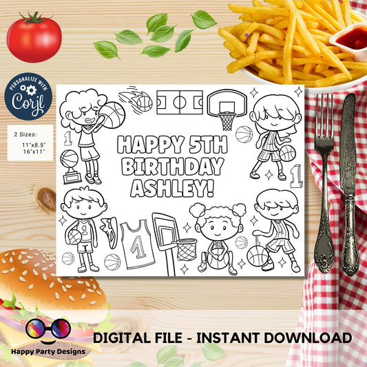 Editable Basketball Birthday coloring Page | BKB Party | Sports coloring page | basketball coloring placemat Edit Online #K251