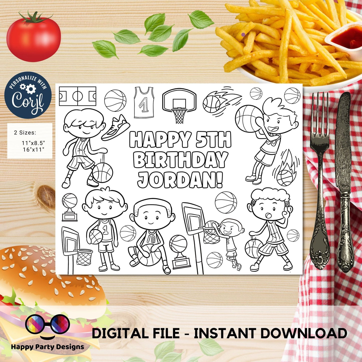 Editable Basketball boy Birthday coloring Page | BKB Party | Sports coloring page | basketball coloring placemat Edit Online #K251