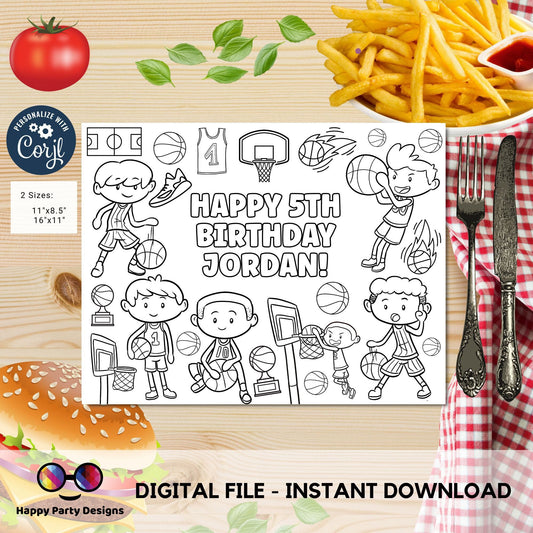 Editable Basketball boy Birthday coloring Page | BKB Party | Sports coloring page | basketball coloring placemat Edit Online #K251