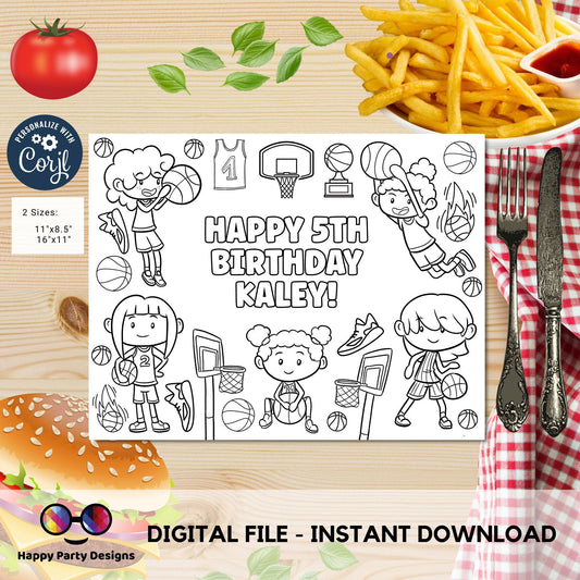 Editable Basketball girl Birthday coloring Page | BKB Party | Sports coloring page | basketball coloring placemat Edit Online #K251