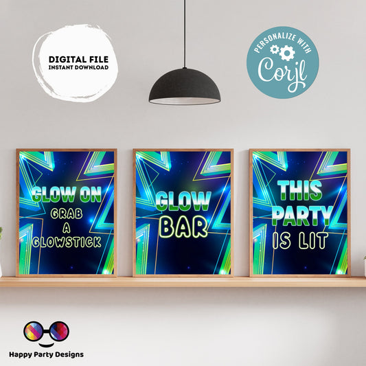 Editable Neon party Signs (3) | Glowing birthday | Neon birthday Decorations | Boy | Neon party buffet Sign | Neon party| printable #K185