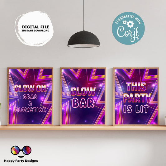 Editable Neon party Signs (3) | Glowing birthday | Neon birthday Decorations | girl | Neon party buffet Sign | Neon party| printable #K186