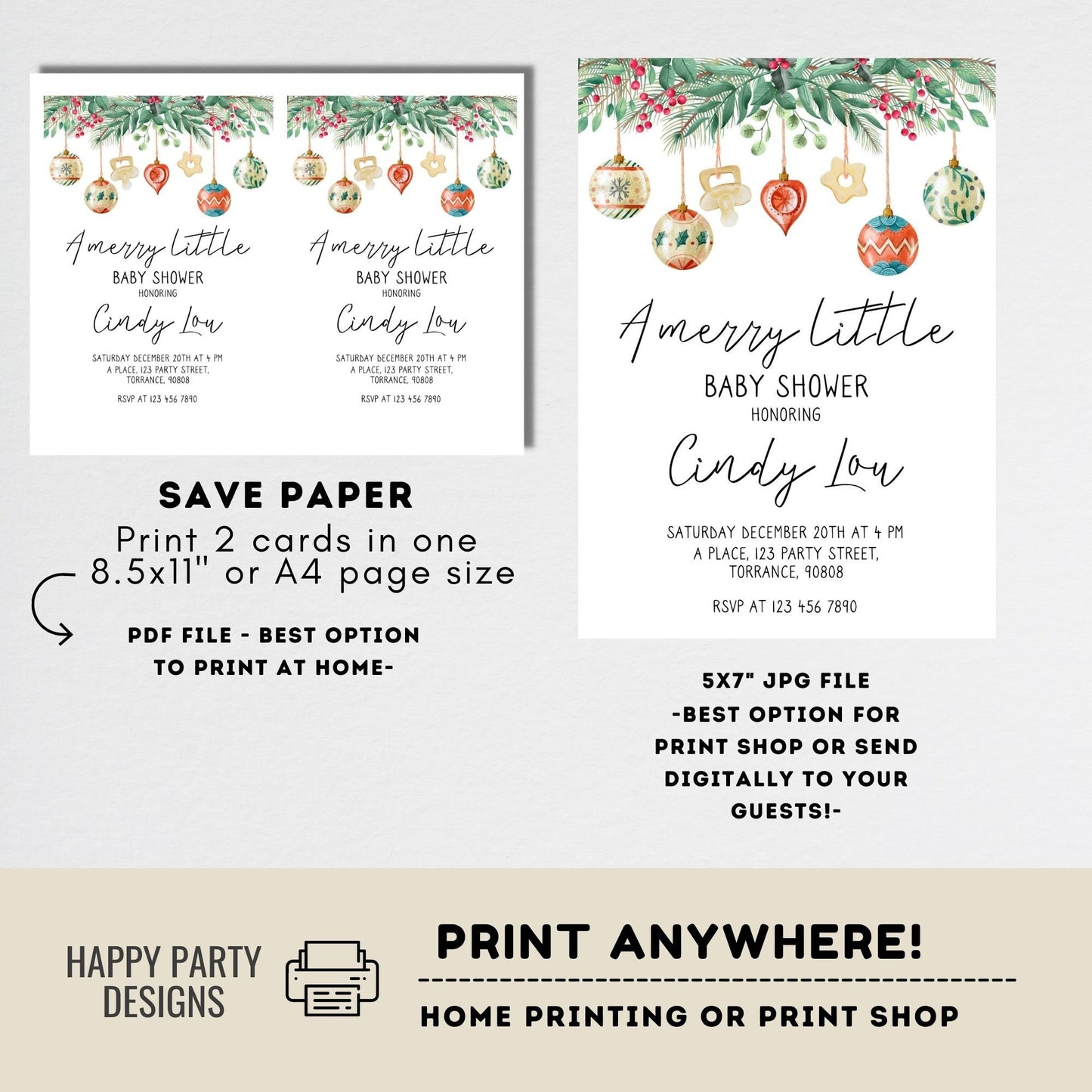 Editable A Merry little baby Shower Invitation | Christmas Baby shower printable invite | Holiday Christmas Shower Invitation | Baby #B49