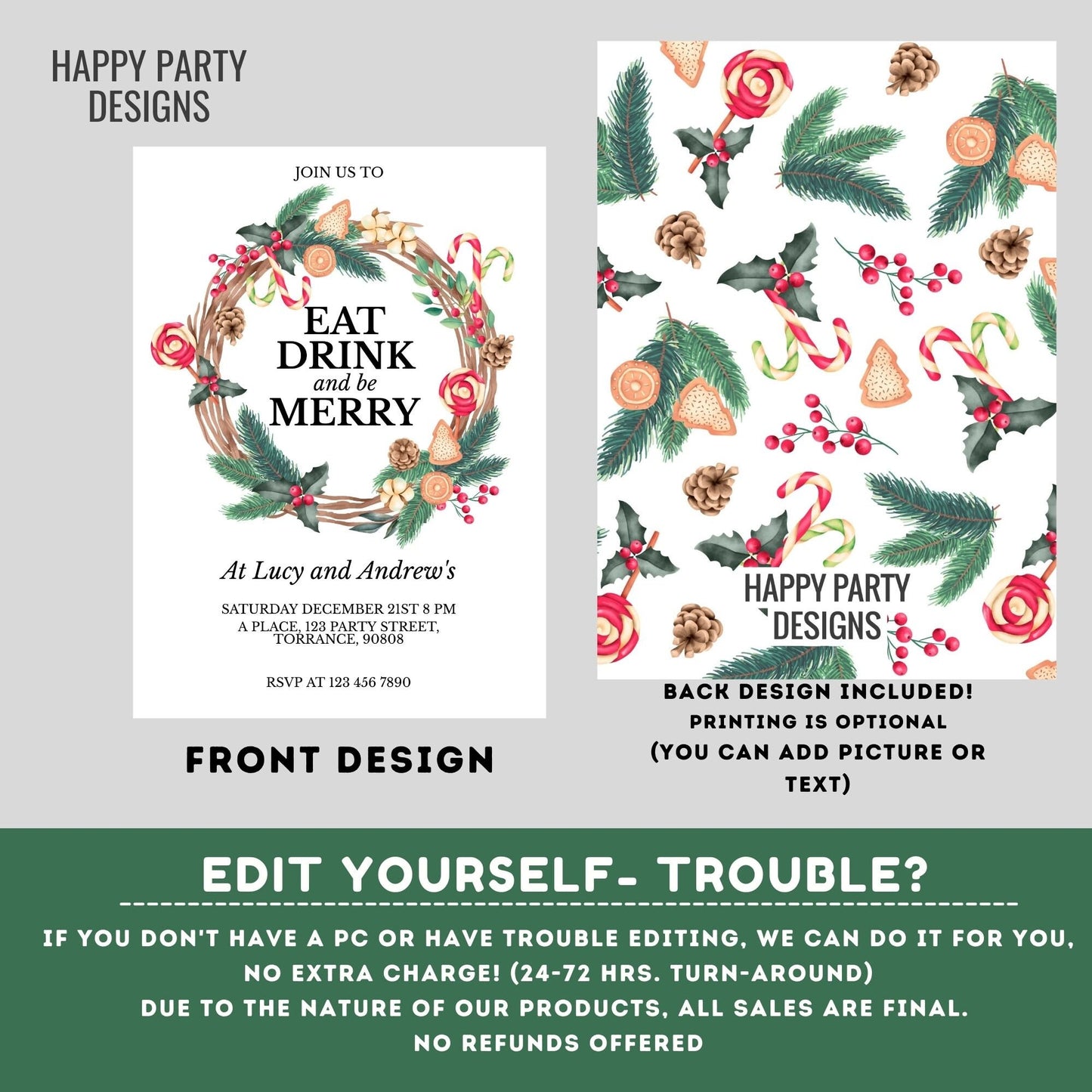 Editable Eat, drink and be Merry Party Invitation | Christmas friends Party printable | Christmas Party Invitation | Christmas invite #A38