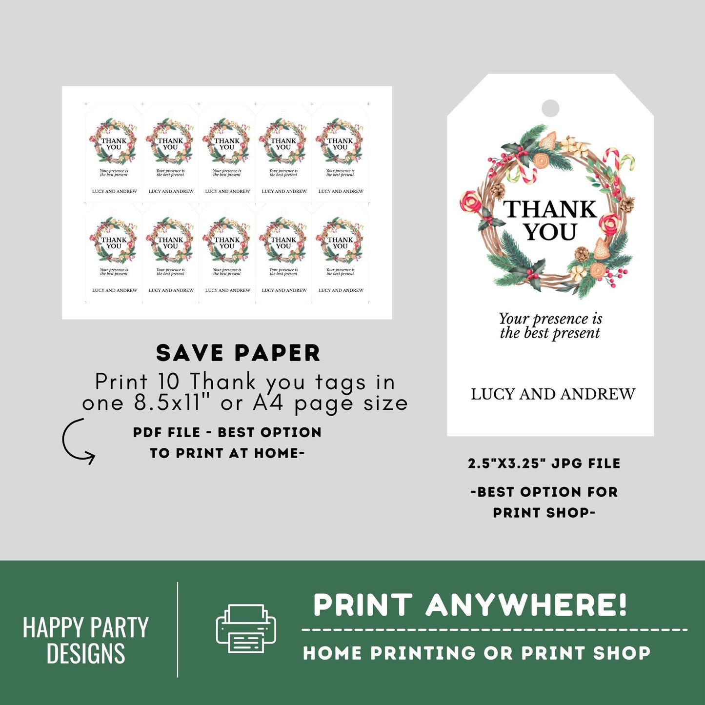 Editable Christmas wreath thank you tag | Christmas printable thank you tag | Holiday Christmas gift tag | thank you tag | Xmas Favor #A38