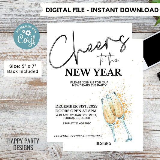 Editable Cheers to the new year Party Invitation | New year Party printable invite | Party Invitation | Christmas invite #A39