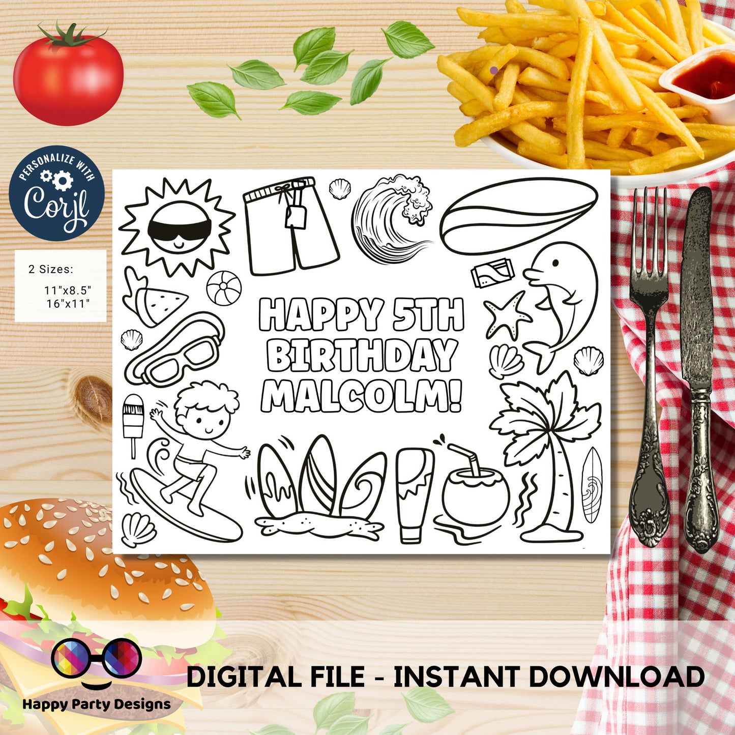 Editable surfing Birthday coloring page | Placemat coloring page | Any Age | Surf birthday Party Activity | bag filler | Summer party #K113