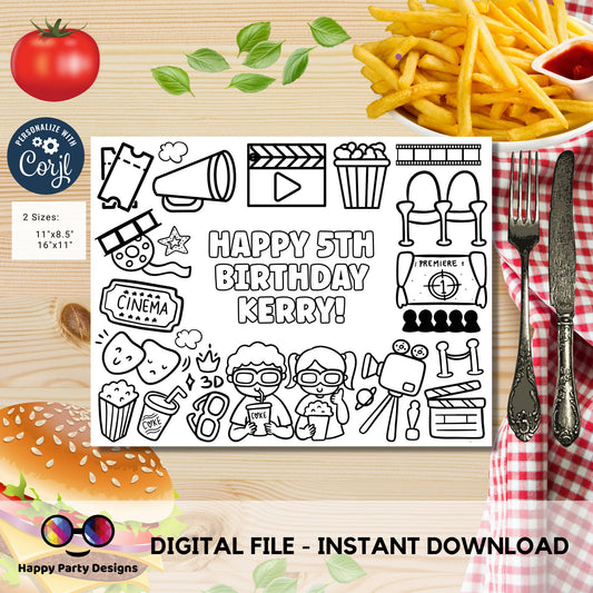 Editable Movie Birthday coloring page | Printable Movie Night Coloring Page | Cinema Coloring Page for Kids Any Age #K190
