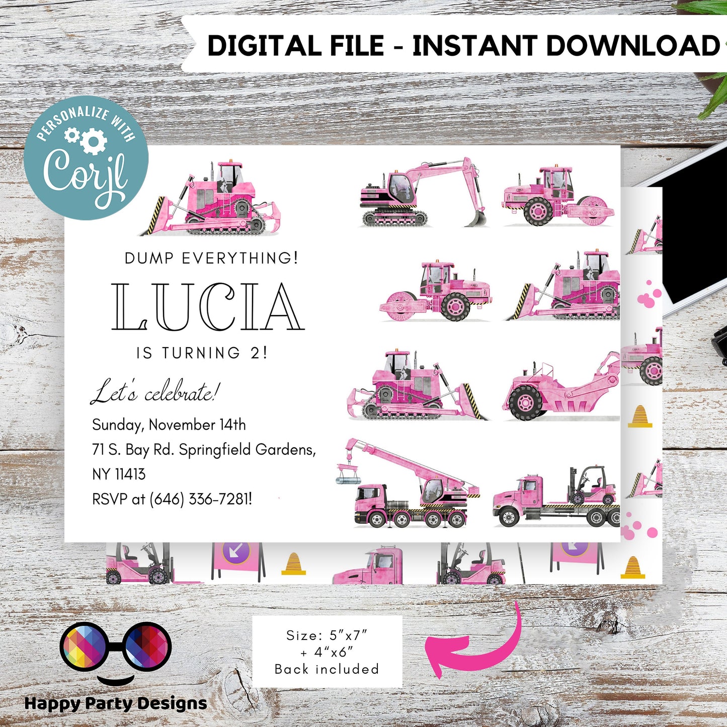 Editable pink Trucks Birthday Invitations | construction party | girl | Party under Construction Invitation | Edit Yourself #K69