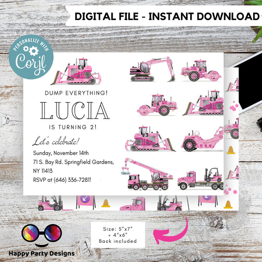 Editable pink Trucks Birthday Invitations | construction party | girl | Party under Construction Invitation | Edit Yourself #K69