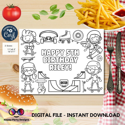 Editable skateboard coloring page | Placemat coloring page | Any Age | skater birthday | skate Party Activity | skating | skate party #K117