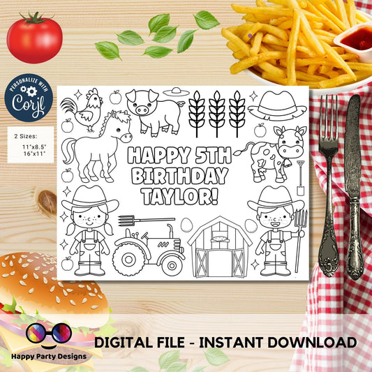 Editable Farm kids coloring page | Farm birthday Placemat | Any Age | Barnyard birthday | Game Farm Party Activity