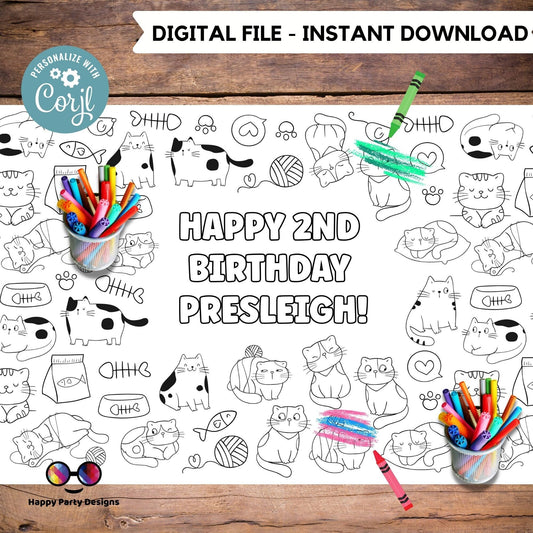 Funny Cats XL coloring Table Runner | Editable Cute Funny Cats coloring page | Placemat XL coloring page |  kittens birthday | Cats  #K114