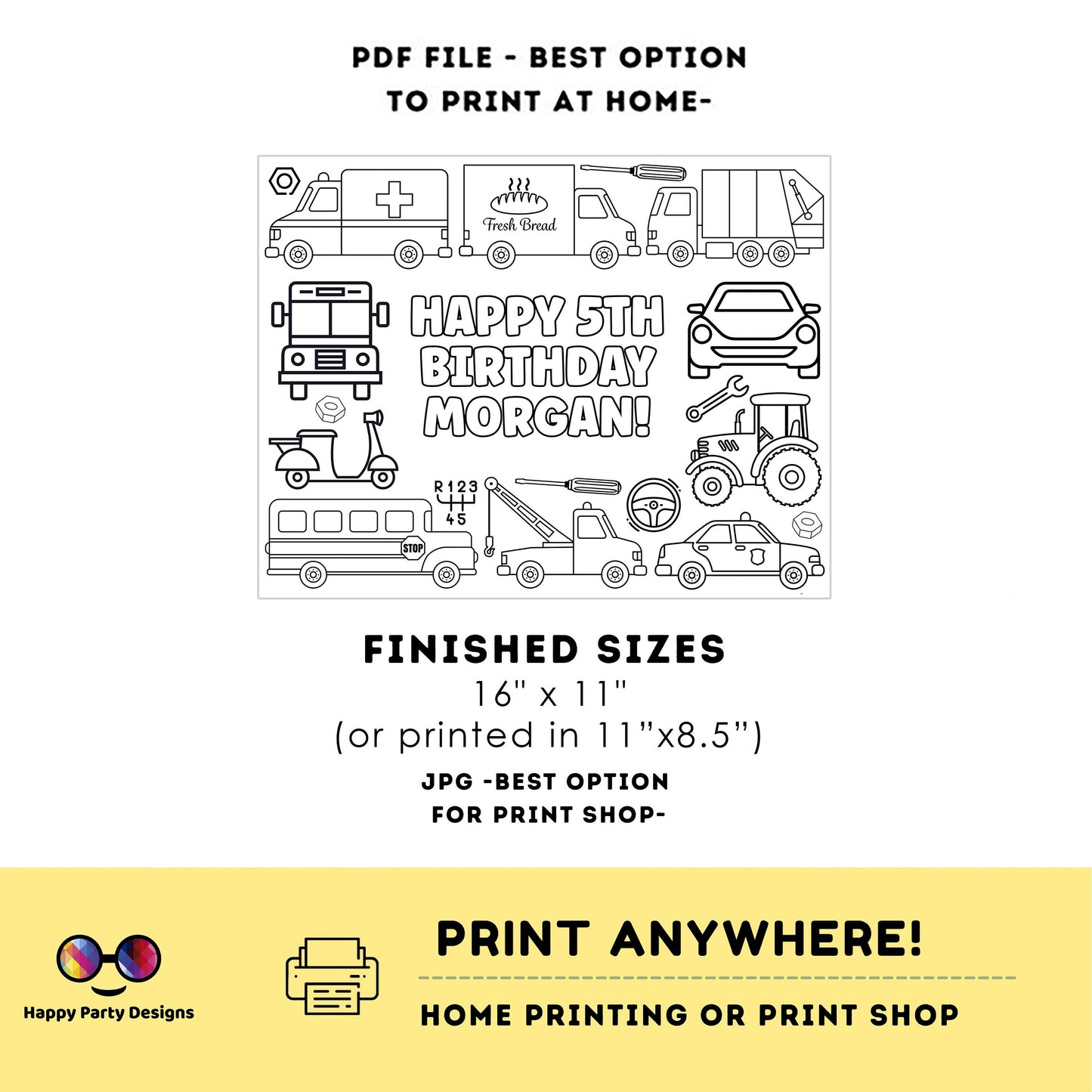 Editable ground Transportation Vehicles coloring page | Placemat coloring page | Any Age | Vehicles Party | Loot Bag Party Favor #K210
