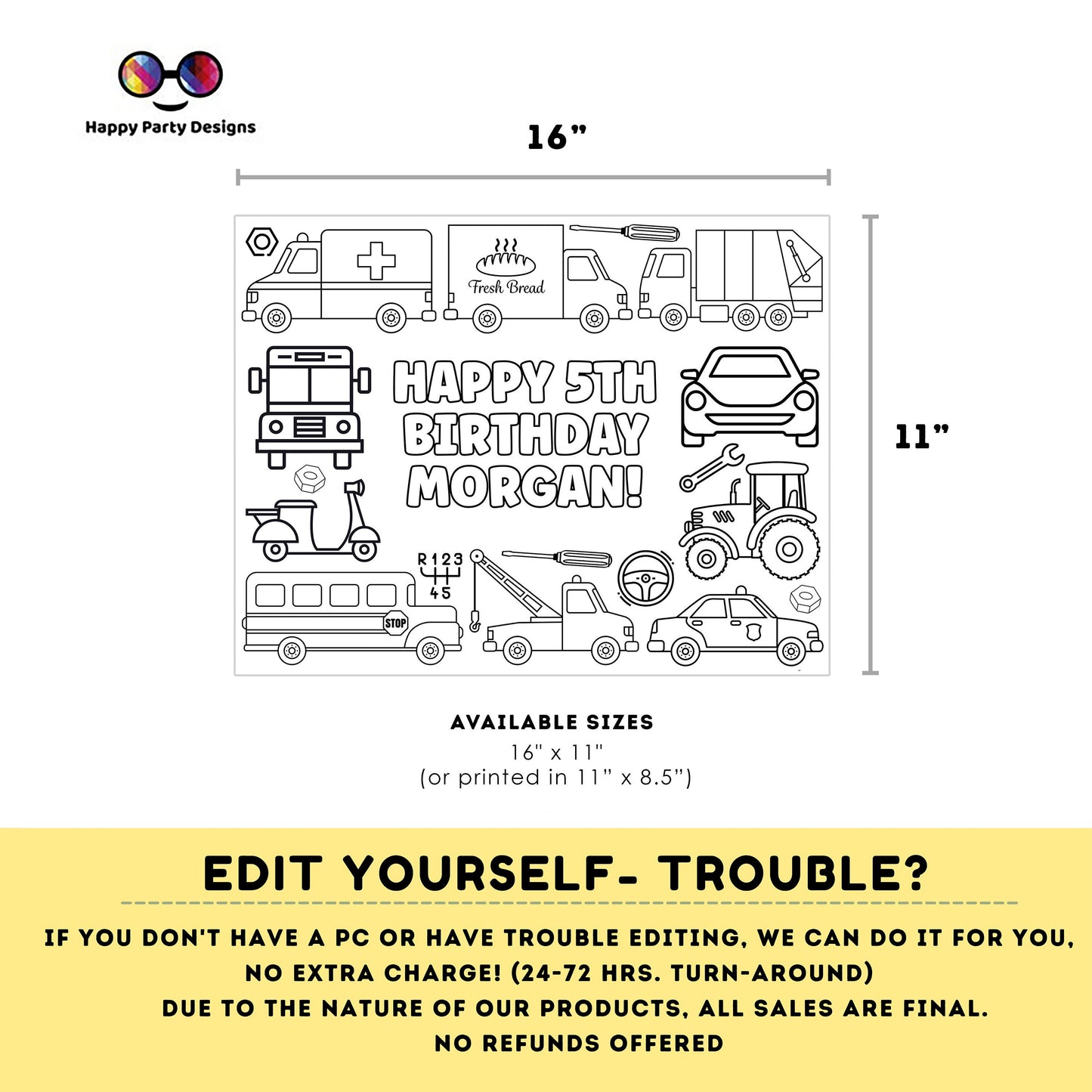 Editable ground Transportation Vehicles coloring page | Placemat coloring page | Any Age | Vehicles Party | Loot Bag Party Favor #K210