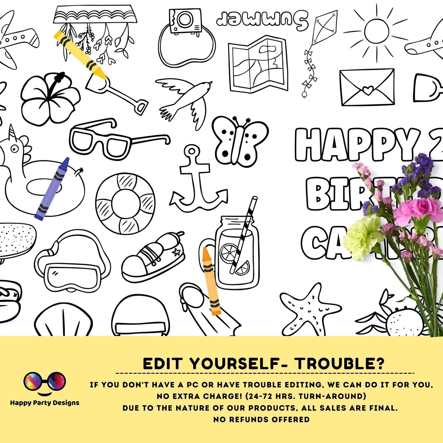 Summer XL coloring table runner | Editable summer coloring page | Placemat coloring page | summer party | Pool summer Party Activity  | #K97