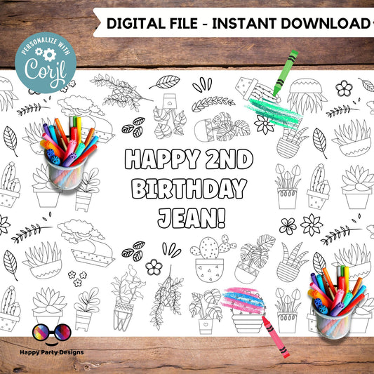 Plants XL Coloring Table Runner | Editable plants Birthday coloring page | Placemat coloring page  Succulents and cactus coloring page #K154