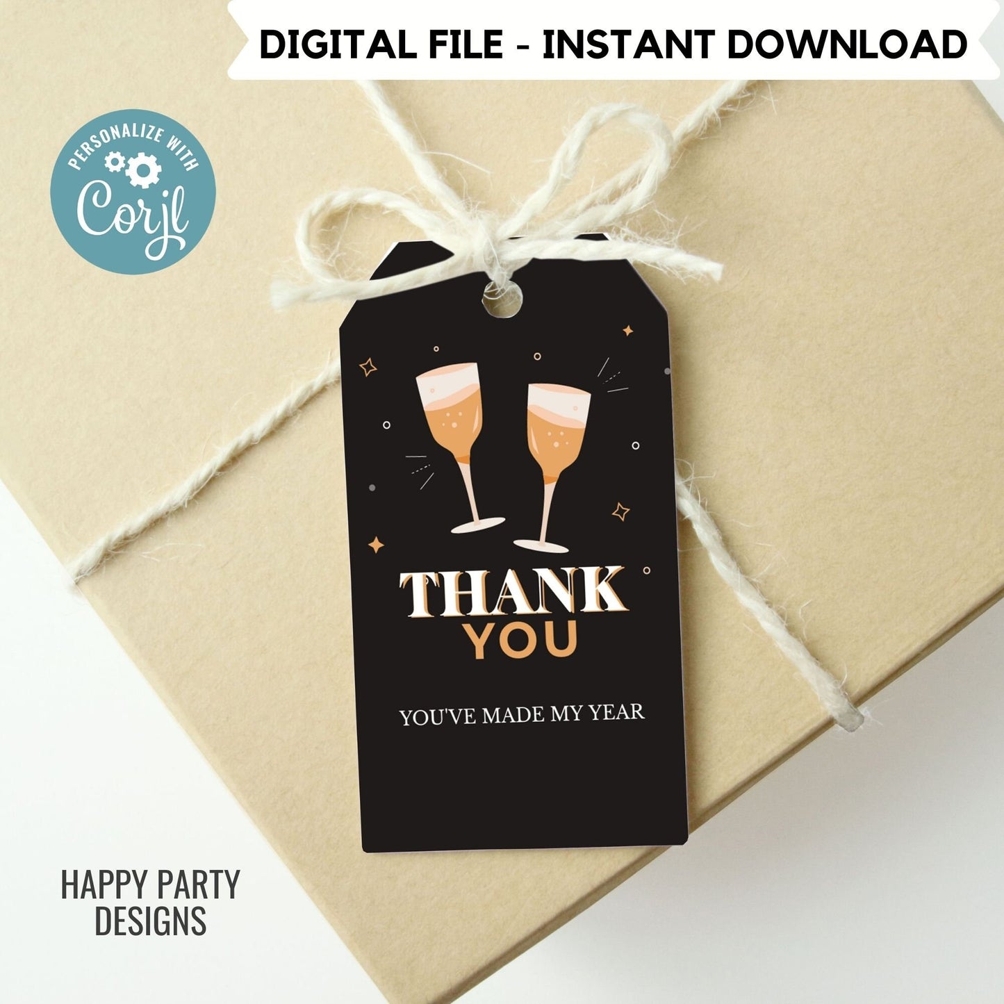 Editable sparkling wine Party thank you tag | New year's eve printable thank you tag | art deco gift tag | thank you tag Favor #A40