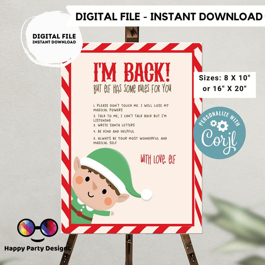 Editable Elf Rules | Elf Arrival Rules | Elf I'm Back | Elf Christmas | Elf Sign | Elf Return Reminder Rules Sign instant download #A43