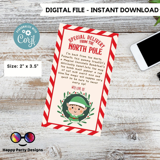 Editable Elf Hot Chocolate Bomb Tag | Elf Arrival Hot Chocolate Bomb Gift Tag | North Pole Hot Cocoa Bomb Tag | Instant Download #A43