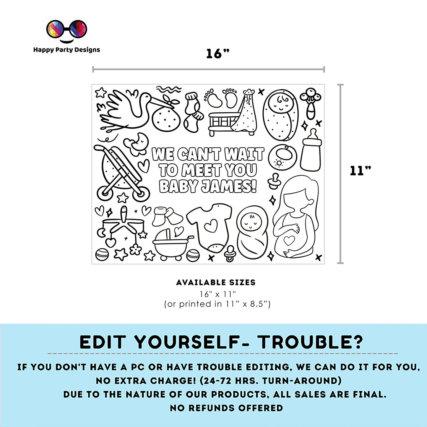 Editable baby shower coloring page | Placemat coloring page | Any Age | Baby shower | Baby shower activity | party placemat