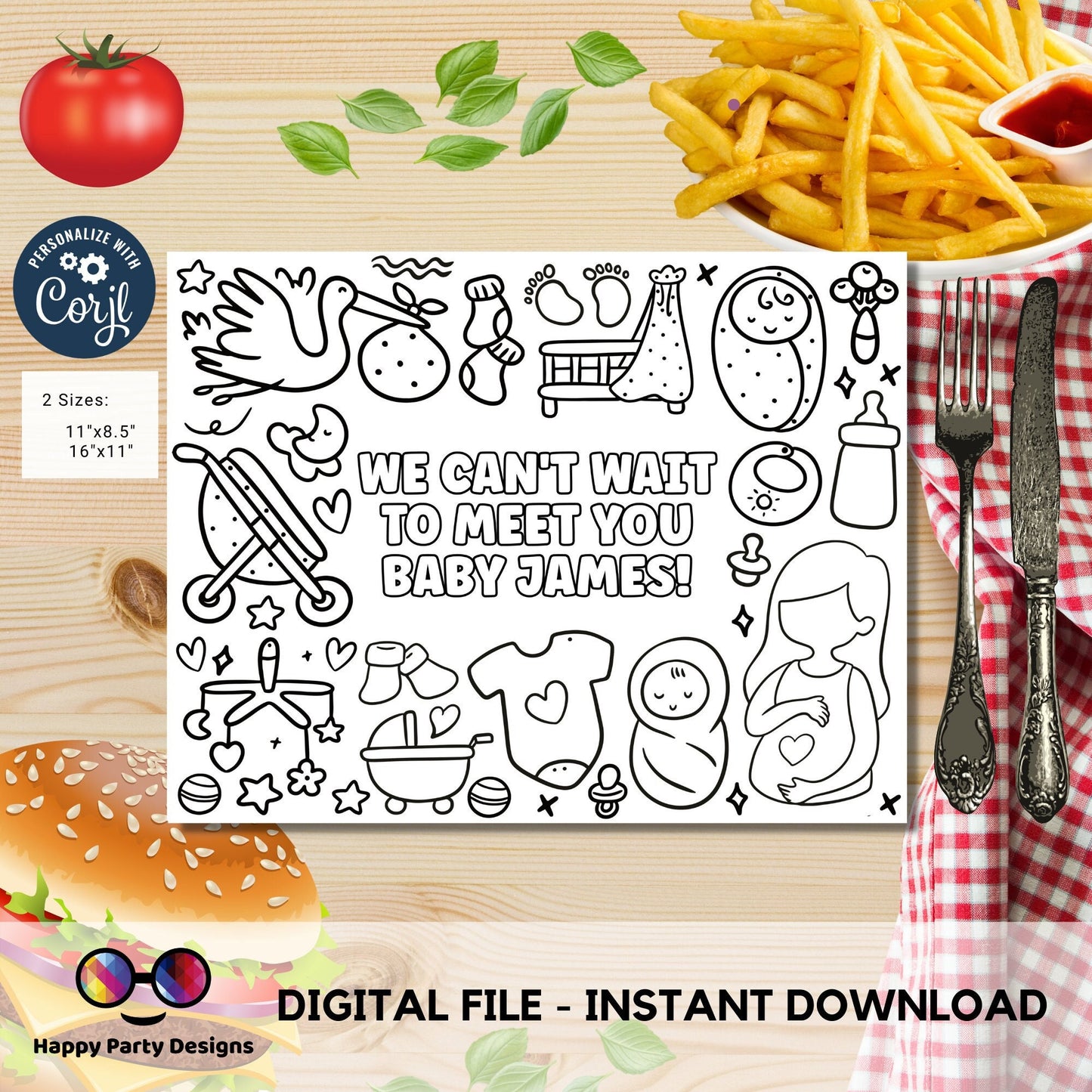 Editable baby shower coloring page | Placemat coloring page | Any Age | Baby shower | Baby shower activity | party placemat