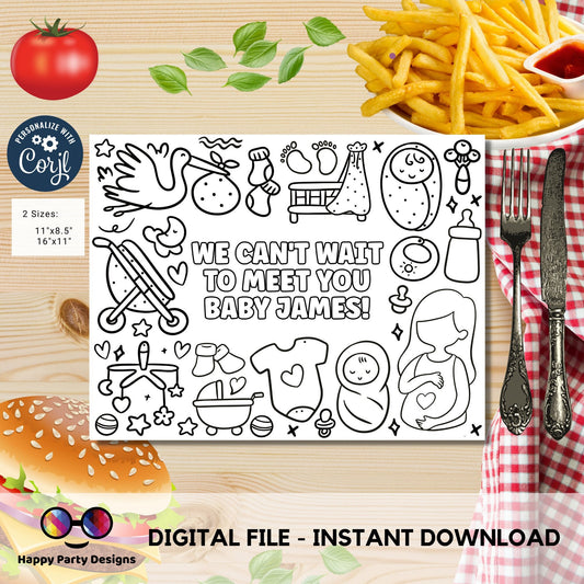 Editable baby shower coloring page | Placemat coloring page | Any Age | Baby shower | Baby shower activity | party placemat