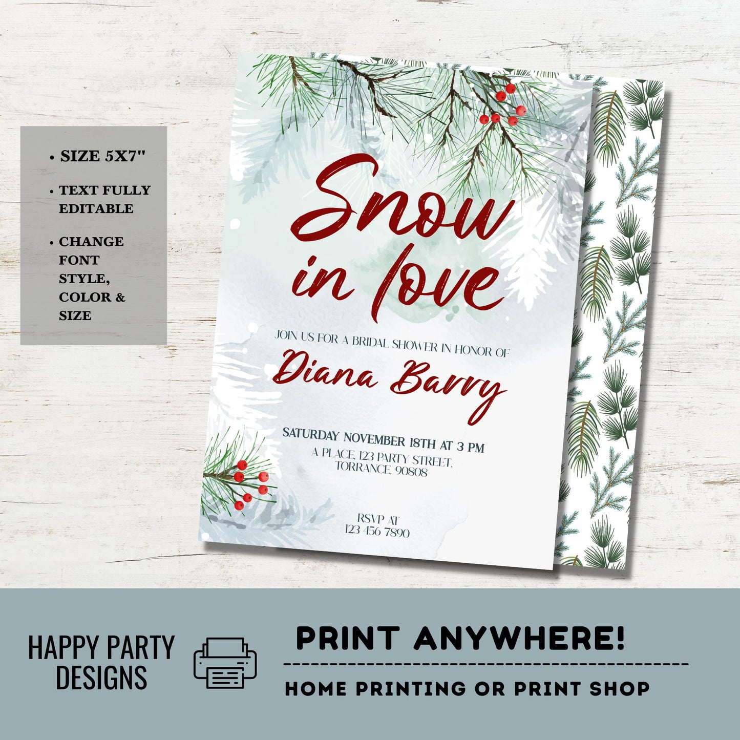 Editable Snow in love Burgundy Themed Bridal Shower Invitation | Winter Bridal Shower Invitation | Winter Bride Instant | Winter #W18