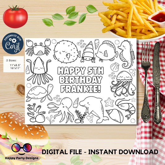 Editable under the sea coloring page | ocean placemat | Any Age | under the sea birthday | Game under the sea Party Activity | sea horse