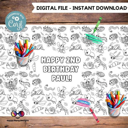 Bugs XL Table Runner | Editable Bugs coloring page | Placemat coloring page | Any Age | Bugs birthday Bugs and Insects Party Activity  #K49