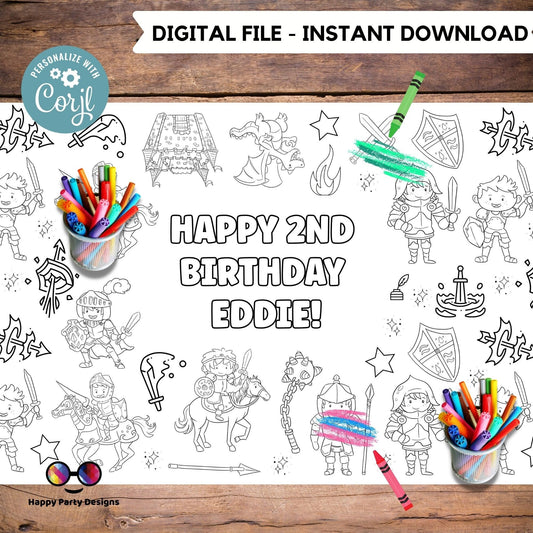 Knights and Dragons XL Table Runner | Editable Knights and Dragons coloring page | Knights and Dragons Placemat | Dragons Activity  #K145