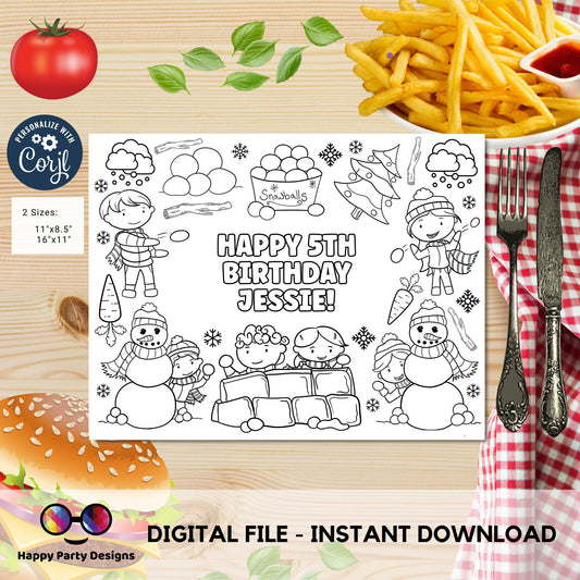 Editable Snowball fight coloring page | Placemat coloring page | Any Age | kids in wintertime birthday | snow fort | Party Activity #K115