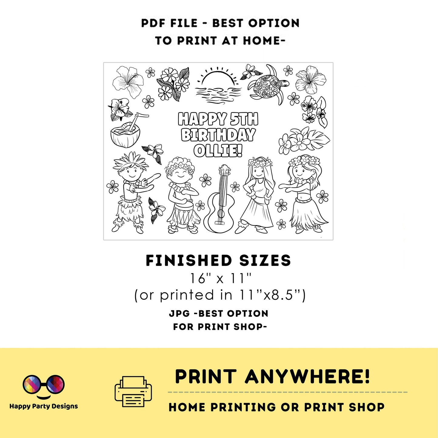 Editable Hawaiian party coloring page | Aloha placemat | Any Age | Beach birthday | Luau Party Coloring Pages | beach party kids