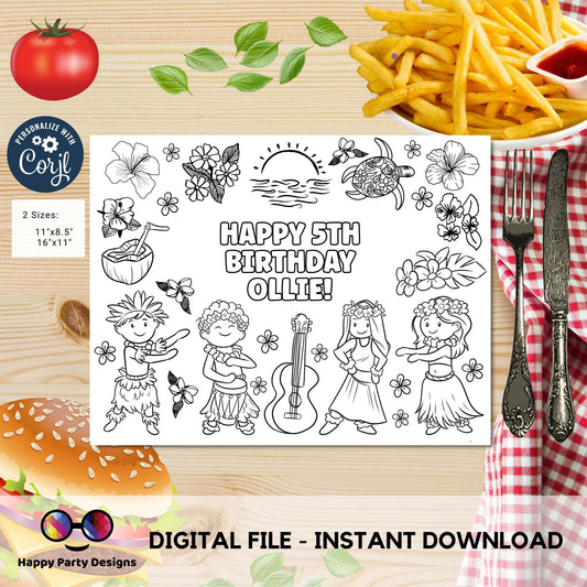 Editable Hawaiian party coloring page | Aloha placemat | Any Age | Beach birthday | Luau Party Coloring Pages | beach party kids