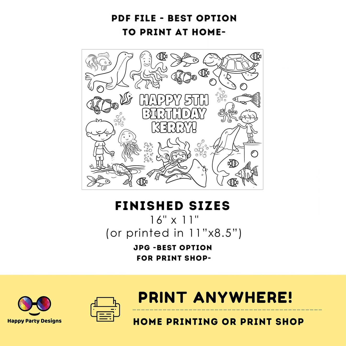Editable Aquarium coloring page | Placemat coloring page | Any Age | Under the Sea birthday | Under the Sea Party Activity #K93