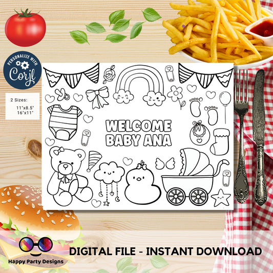Editable baby shower coloring page | Placemat coloring page | Any Age | Baby shower | Baby shower activity | party placemat | Baby girl