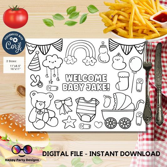 Editable baby shower coloring page | Placemat coloring page | Any Age | Baby shower | Baby shower activity | party placemat | Baby boy