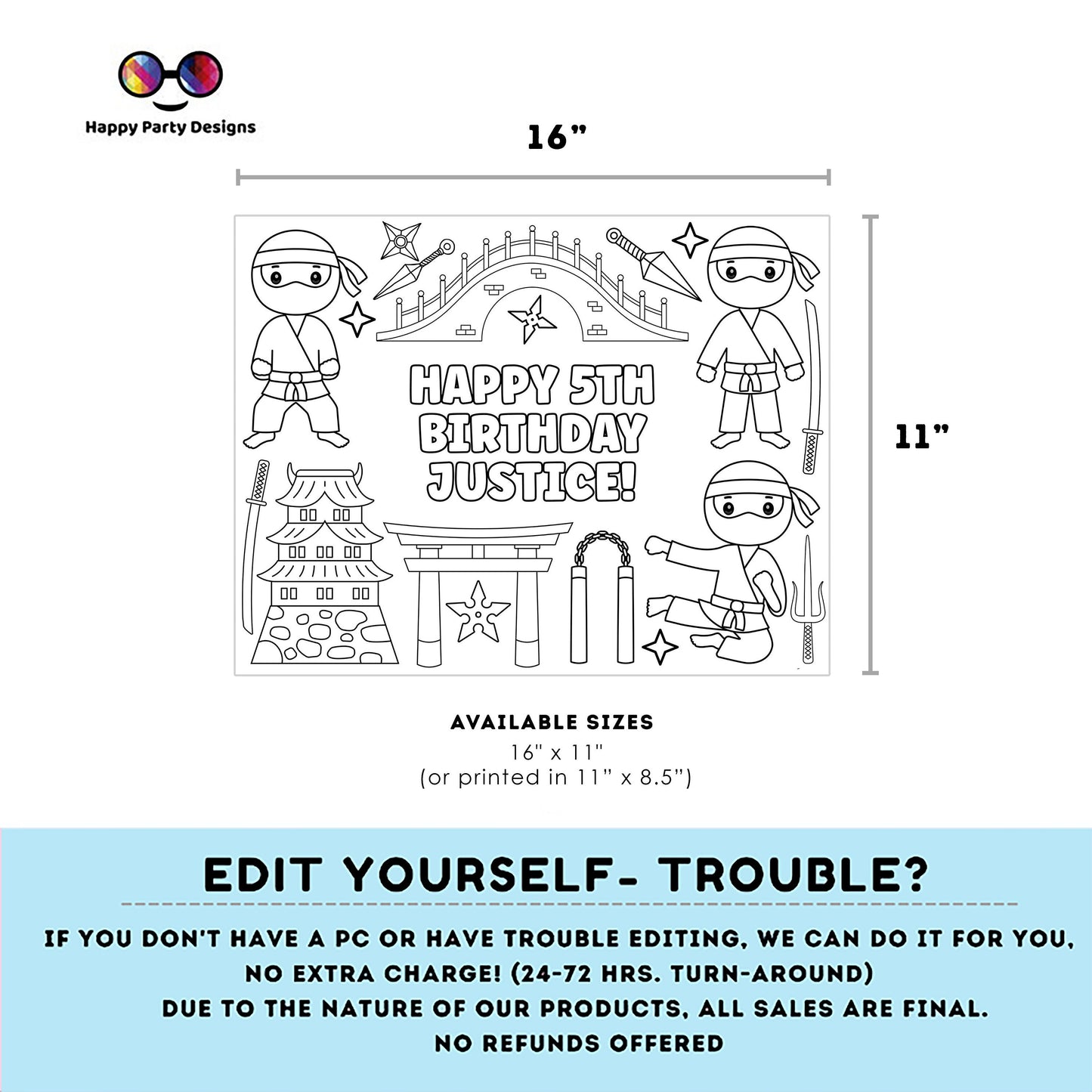 Editable Ninja boy Birthday coloring Page | Ninja Party | Ninja coloring page | Ninja coloring placemat Edit Online #K251